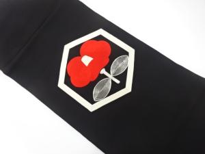 塩瀬　亀甲に椿模様　刺繍　名古屋帯